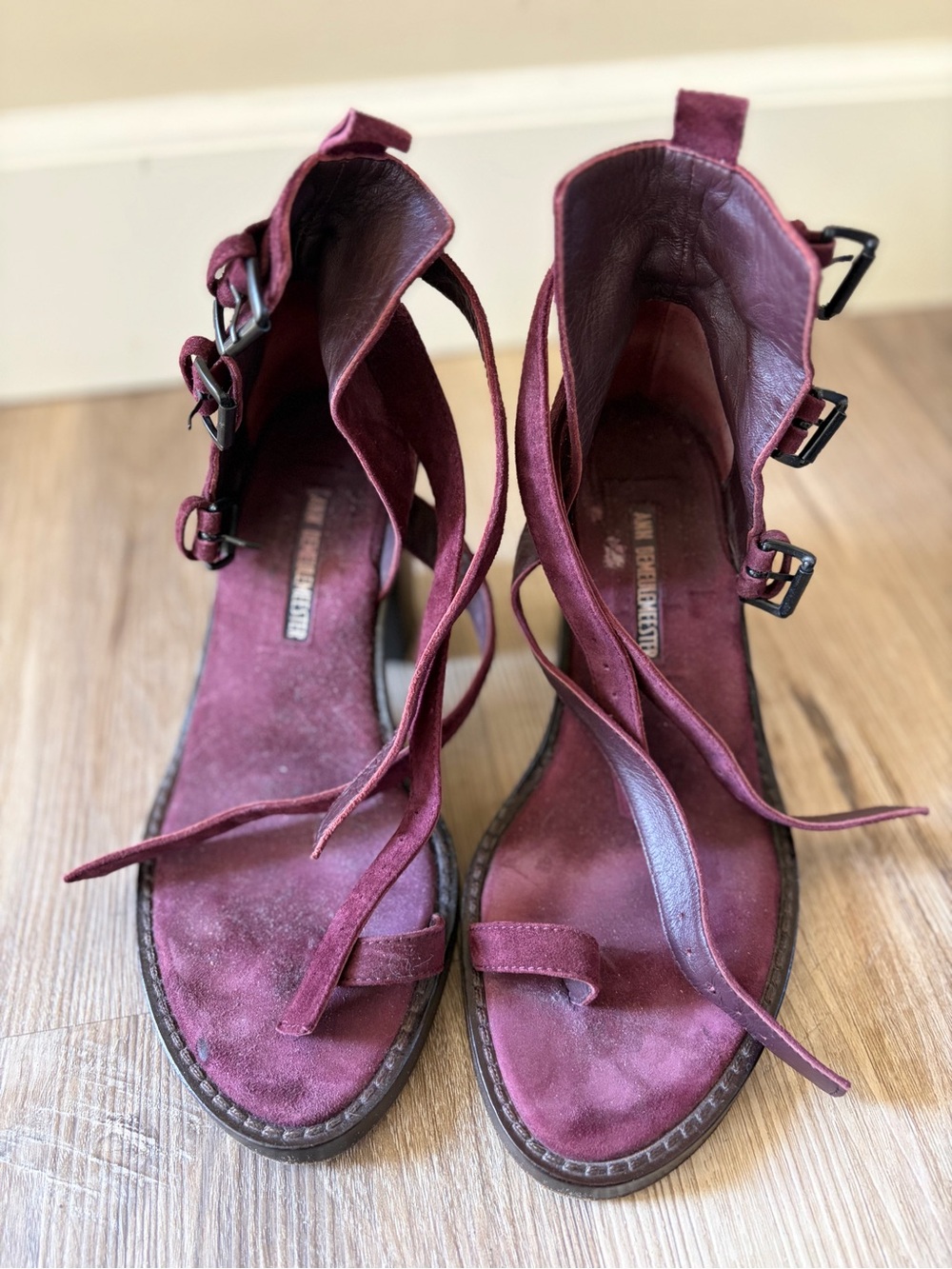 Strappy Ankle Wrap Block Heels in Plum/Burgundy - Picture 3 of 9